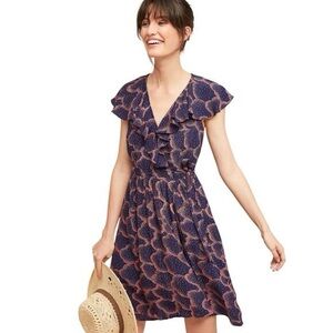 Sz 10 P Maeve Anthropologie Rosalia Navy print wrap ruffle dress